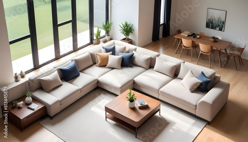 A top-down perspective of a living room featuring a generous-sized sectional sofa as the central focal point