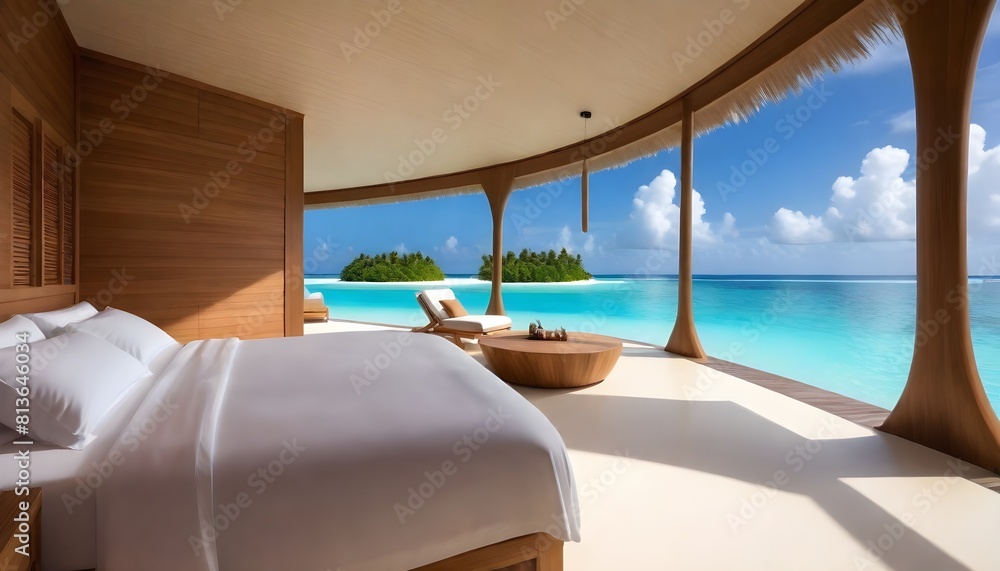 A bedroom with windows showcasing a view of the vast and calming ocean