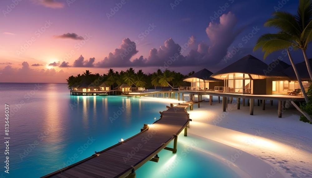 The Maldives resort stands out in silhouette against the colorful dusk sky, reflecting on the calm ocean waters