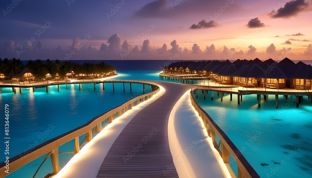 A wooden walkway extends towards a resort on the horizon under the dusky sky in the Maldives
