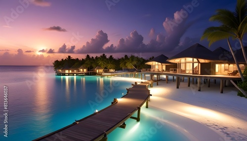 The Maldives resort stands out in silhouette against the colorful dusk sky, reflecting on the calm ocean waters