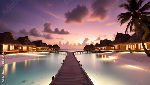 A wooden walkway extends towards a resort under the fading light of dusk