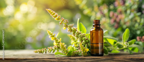 Essential oil bottle on wooden table with blooming wild herbs in a sunlit garden. Copy space. Generative AI 