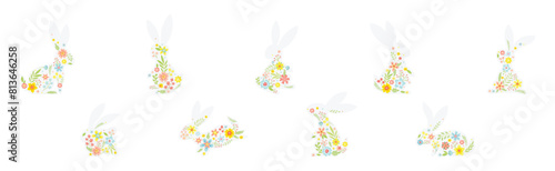 White Bunny Silhouette with Spring Flowers Vector Set