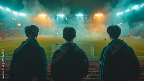 Asian male friends are watching a football match. Three fans on the football stand. Hopes for victory and team spirit. Football unites. Concept of sport, emotions, competition and unity. photo