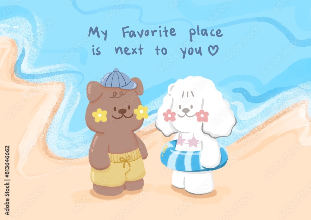 teddy with bunny on beach, illustration valentine card teddy with bunny on beach, illustration valentine card