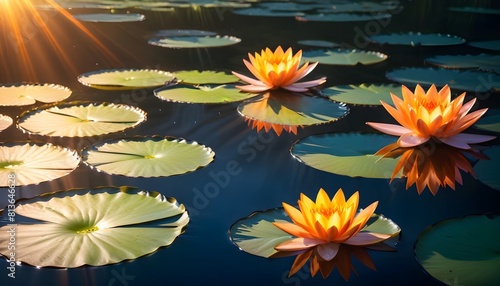 Water lilies basking in sunlight in a tranquil pond