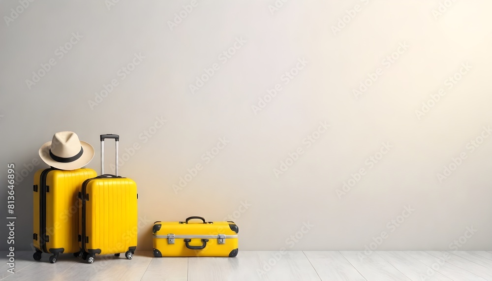 Obraz premium Two bright yellow suitcases and a matching sunhat are positioned neatly against a stark white wall