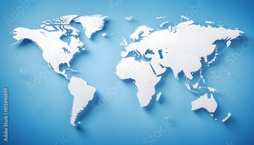 A white world map is displayed against a solid blue background