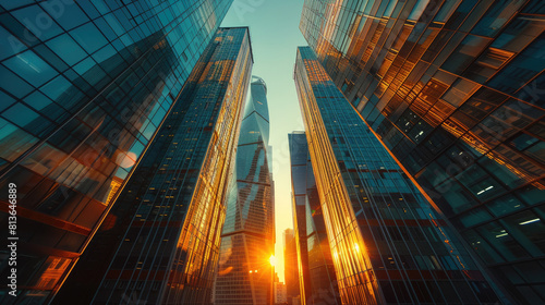 Wallpaper Mural A city skyline with tall buildings and a bright sun in the sky Torontodigital.ca