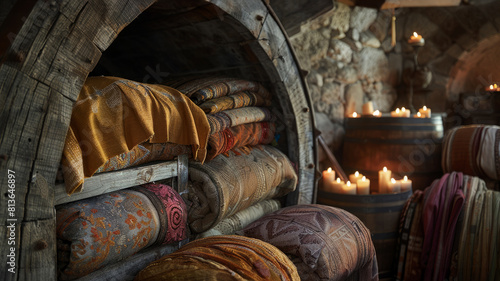 Rolls of fabric in a cozy medieval setting photo