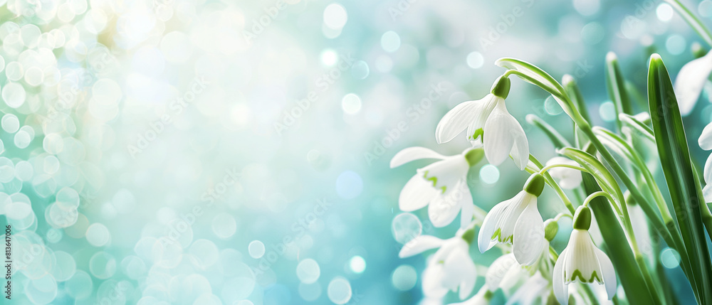 Springtime glow of snowdrop flowers in morning light. Copy space. Generative AI	