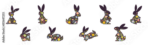 Black Bunny Silhouette with Spring Flowers Vector Set