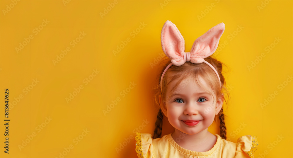 A young girl wearing a pink bunny headband and yellow dress. She is smiling and looking at the camera. cute little girl with a headband in the form of bunny ears on a yellow background A young girl wearing a pink bunny headband and yellow dress. She is smiling and looking at the camera. cute little girl with a headband in the form of bunny ears on a yellow background