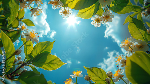 Vibrant image of sunlight shining through the leaves and white flowers of a tree with a clear blue sky in the background. White flowers of jasmine on a background of blue sky with clouds