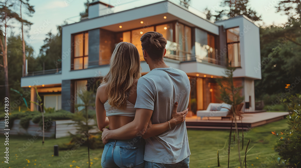 Fototapeta premium A young couple stands closely embracing, looking at their luxurious modern home during dusk, signifying relationship goals and success