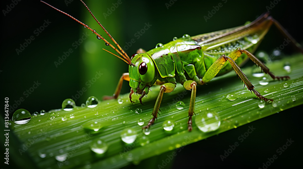 Grasshopper on a leaf with striking black eyes Grasshopper on a leaf with striking black eyes