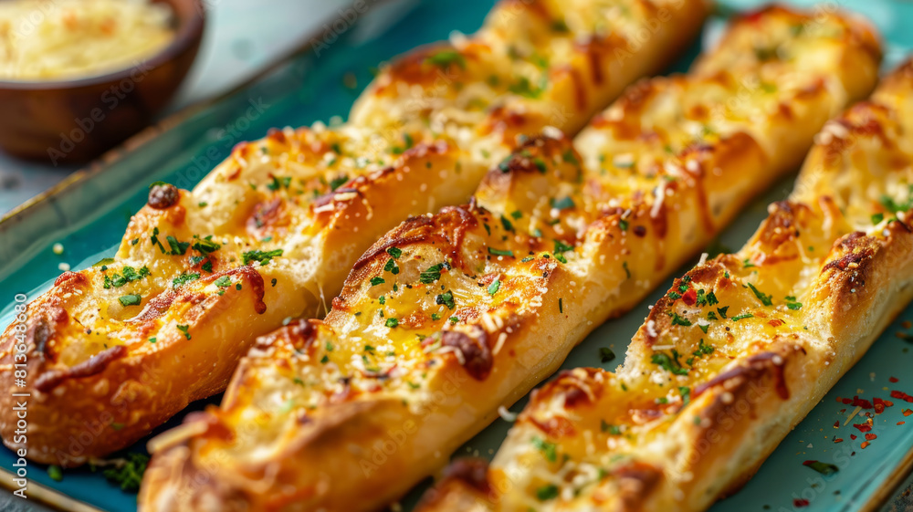 Freshly baked garlic cheesy breadsticks on a plate