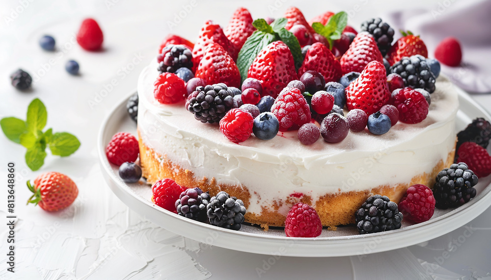 vanilla cake with different berries on the plate generated by AI vanilla cake with different berries on the plate generated by AI