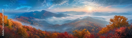 panoramic view of the mountain landscape in autumn, from top to bottom, the sun shines on one peak, with blue sky and white clouds, mountains covered in the style of colorful folia photo