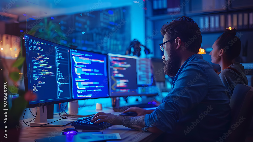 Two programmers are focused on coding on multiple computer screens in a dark office environment, possibly working on a software project Two programmers are focused on coding on multiple computer screens in a dark office environment, possibly working on a software project