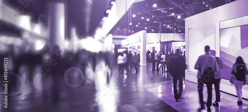 Image shows a blurry scene of a trade show with people and exhibition stands, suggesting motion and business activity