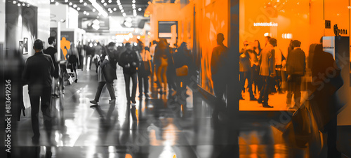 Minimalist gradient An expo hall bustling with activity and attendees, business confere. This image captures the hustle of an exhibition hall with motion-blurred figures suggesting movement, activity photo