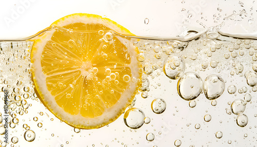 Lemon slice in water with bubbles on white background