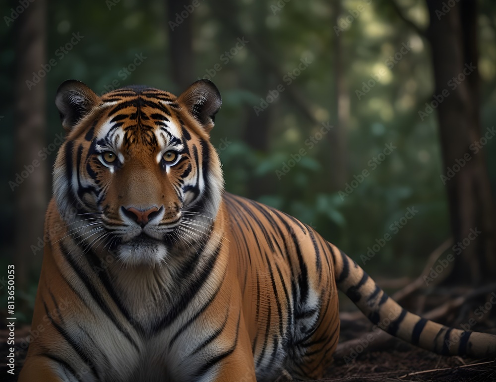Obraz premium Portrait of Asia Bengal tiger that looking at camera isolated on clean png background, hunter in the forest, wildlife concept.