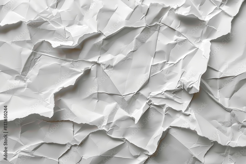 White background with textured paper crumpled effect for advertising poster mockup template, closeup view. Flat lay.