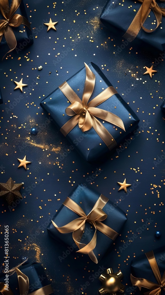 Navy blue presents with gold ribbons, set against a navy backdrop, enhanced with golden stars Navy blue presents with gold ribbons, set against a navy backdrop, enhanced with golden stars