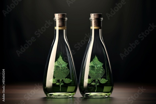 Wallpaper Mural Two transparent glass bottles filled with a green fluid, featuring a beautiful leaf design inside, on a dark background Torontodigital.ca