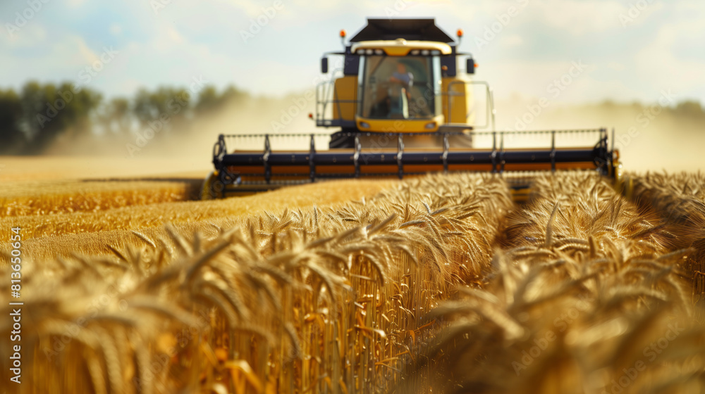 Fototapeta premium yellow combine harvester in a wheat field in summer