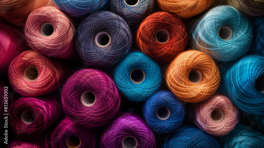 Colorful yarn spools in rows. Colorful yarn spools in rows.