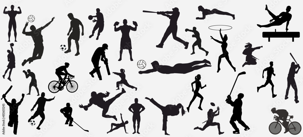 set of athletes of various sports. sports people silhouette. american football, cycling, golf , soccer, hockey, volleyball, basketball, rugby, baseball, run set of athletes of various sports. sports people silhouette. american football, cycling, golf , soccer, hockey, volleyball, basketball, rugby, baseball, run
