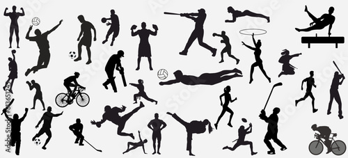 set of athletes of various sports. sports people silhouette.  american football, cycling, golf , soccer, hockey, volleyball, basketball, rugby, baseball, run