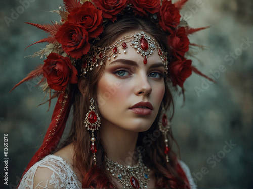 Elegant Woman with Red Floral Headpiece