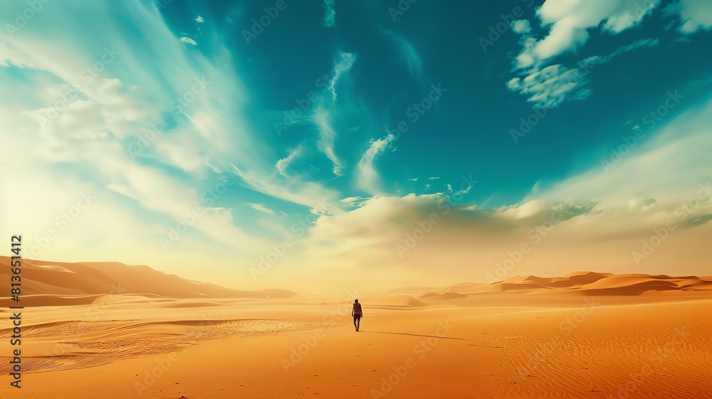 The image shows a vast desert landscape with a person walking in the distance. The sky is blue and cloudy, and the sand is a light golden color. The image shows a vast desert landscape with a person walking in the distance. The sky is blue and cloudy, and the sand is a light golden color.