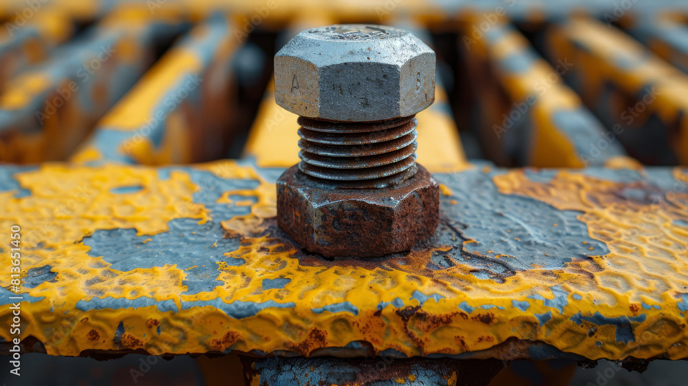 Rusty bolt on yellow metal surface Rusty bolt on yellow metal surface