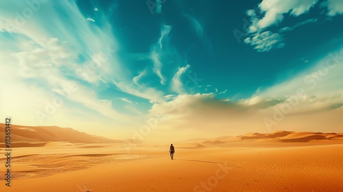The image shows a vast desert landscape with a person walking in the distance. The sky is blue and cloudy  and the sand is a light golden color.