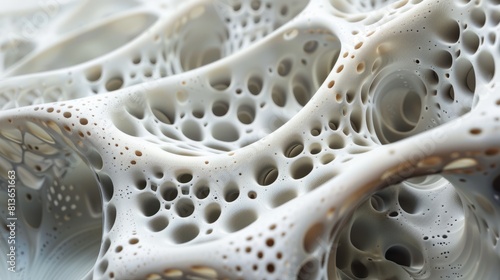 close-up of a white, organic-looking structure. It is made up of a series of interconnected bubbles or cells. The structure is reminiscent of a coral reef or a bone.