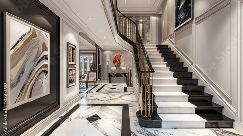Elegant townhouse with a classic black and white marble staircase  flanked by polished brass railings and a gallery of modern art.