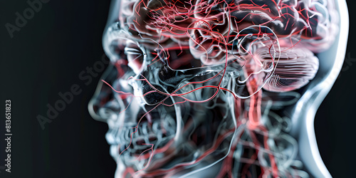 Anatomical figure with 3D rendered brain highlighted for medical visualization