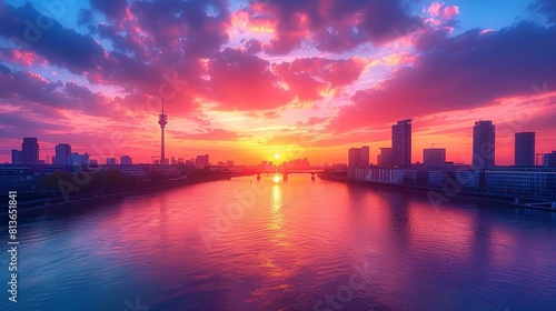 Breathtaking Sunset Over Rhine River with Dusseldorf Skyline and Reflections