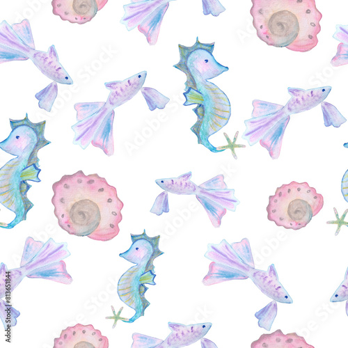 aquarium fish violet blue color seahorse and pink round shell seamless pattern watercolor illustration isolated on white background for design of notepads and fabric notepads.