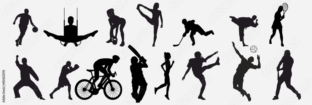 set of athletes of various sports. sports people silhouette. american football, cycling, golf , soccer, hockey, volleyball, basketball, rugby, baseball, run set of athletes of various sports. sports people silhouette. american football, cycling, golf , soccer, hockey, volleyball, basketball, rugby, baseball, run