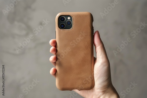 Hand Holding Leather Smartphone Case Against Neutral Background