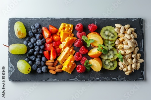 An elegantly assembled mix of cheeses and fruits with almonds and kiwi slices on a slate board