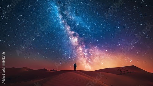 The image is a beautiful landscape of a starry night sky over a desert. The Milky Way is clearly visible  and the stars are bright and numerous.