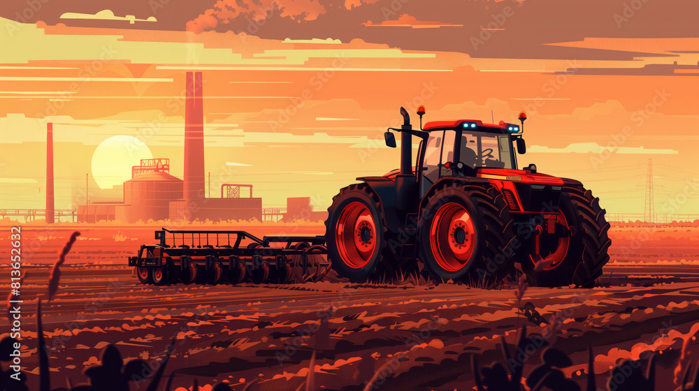 Fototapeta premium A red combine harvester drives through a field and collects wheat at sunset